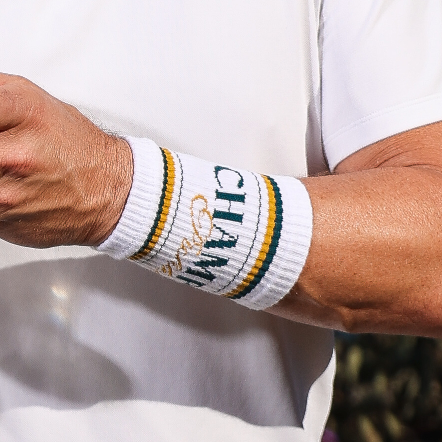 Retro-Style Double-Wide Wristbands Champers Logo White