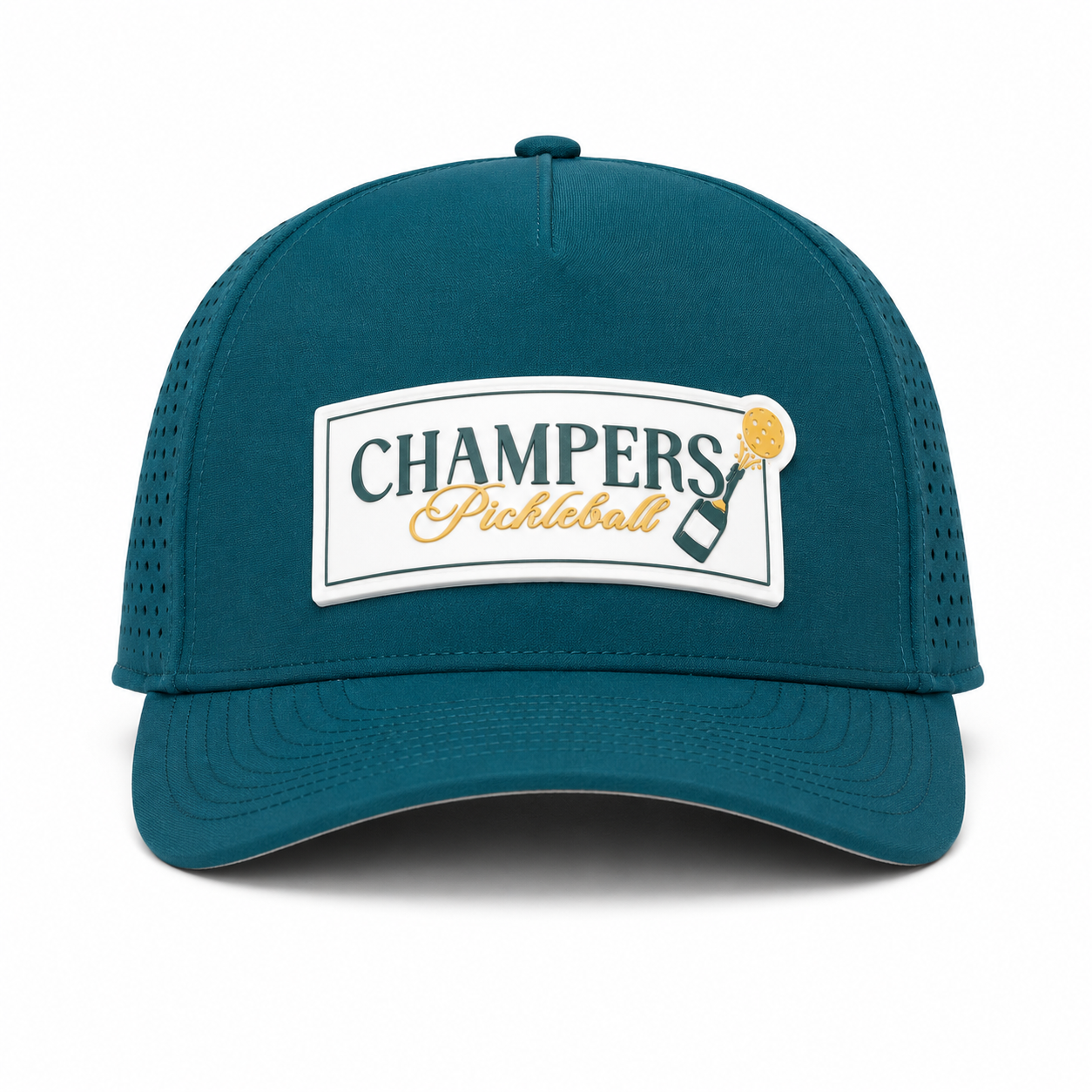 Champers dark green performance pickleball hat with rubber logo patch, front view
