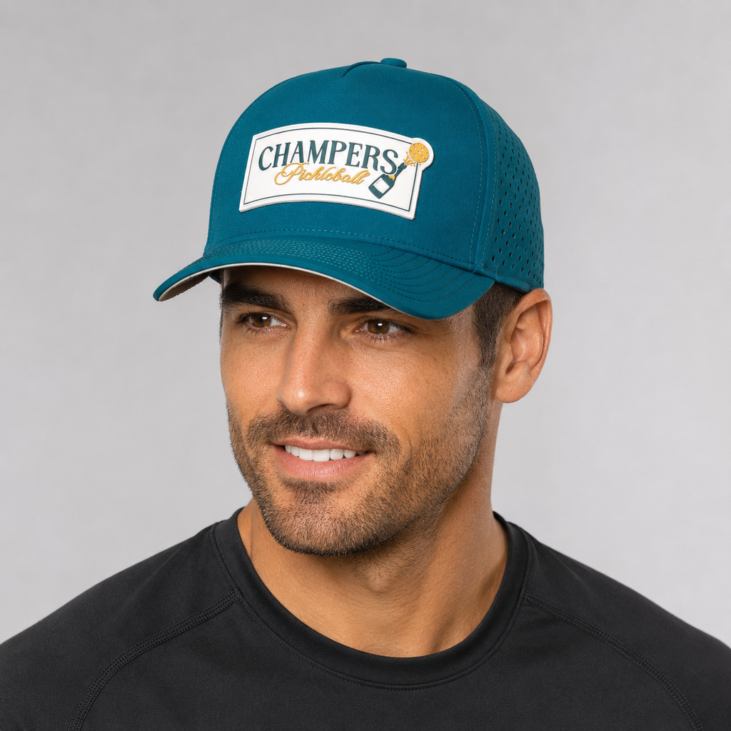 Champers dark green performance pickleball hat with rubber logo patch