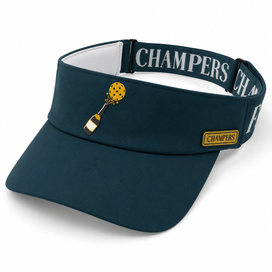 Champers green pickleball visor with rubber logo patch, open-top