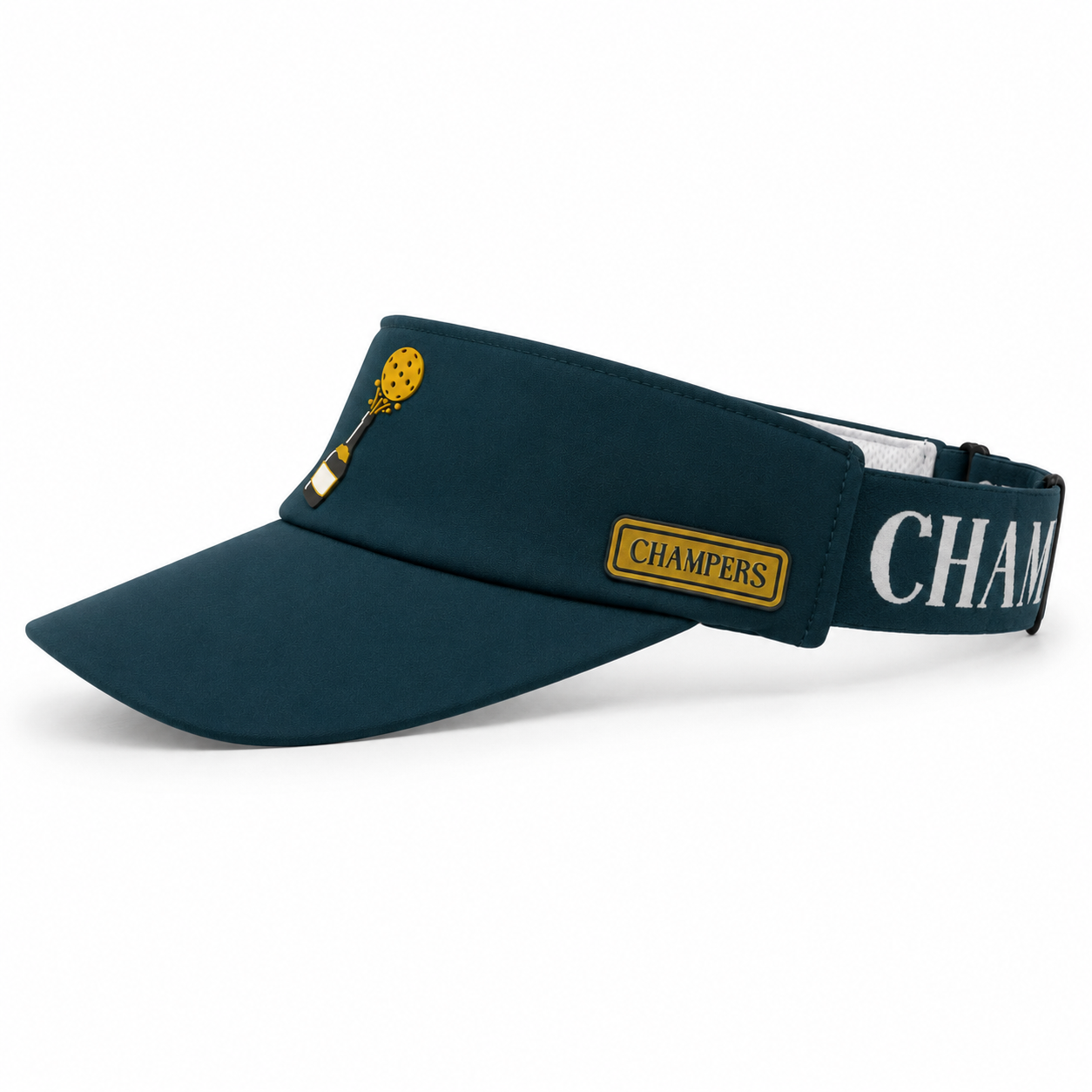 Champers green pickleball visor with rubber logo patch, open-top