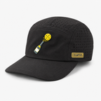 Champers black 5-panel pickleball hat with rubber logo patch, front view