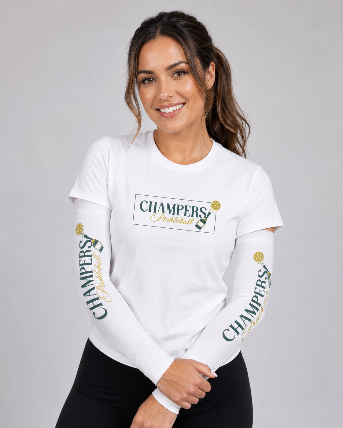 Champers white performance UV arm sleeves with logo, UPF 50 sun protection