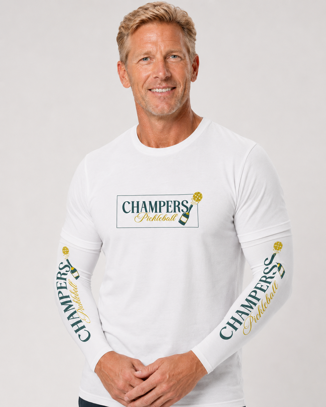 Champers white performance UV arm sleeves with logo, UPF 50 sun protection