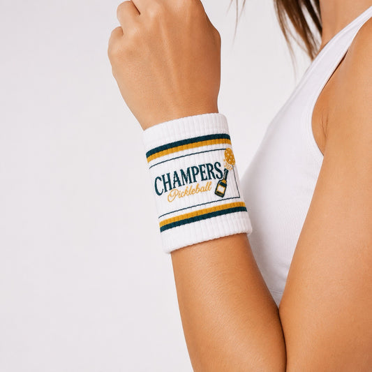 Retro-Style Double-Wide Wristbands Champers Logo White