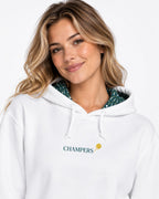 Champers Super Soft pickleball hoodie with printed 99 Bottles hood liner, front view