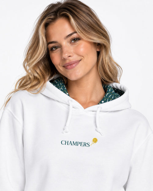 Champers Super Soft pickleball hoodie with printed 99 Bottles hood liner, front view