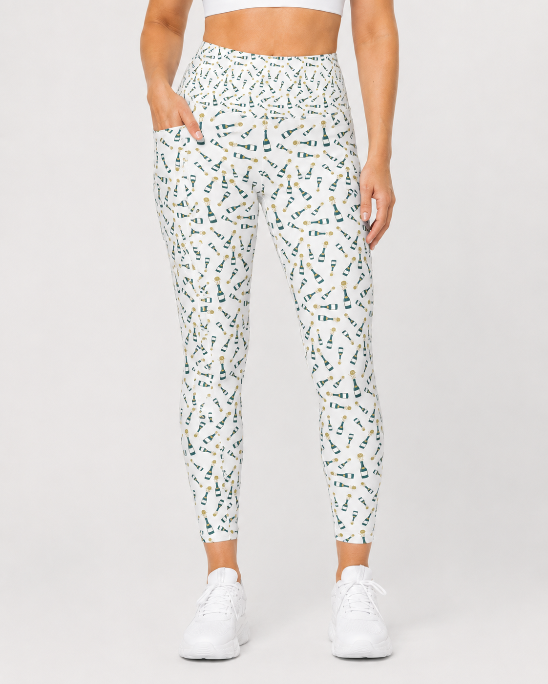 Champers women's Champagne Dreams pickleball leggings in white, high-waisted with pockets, front view