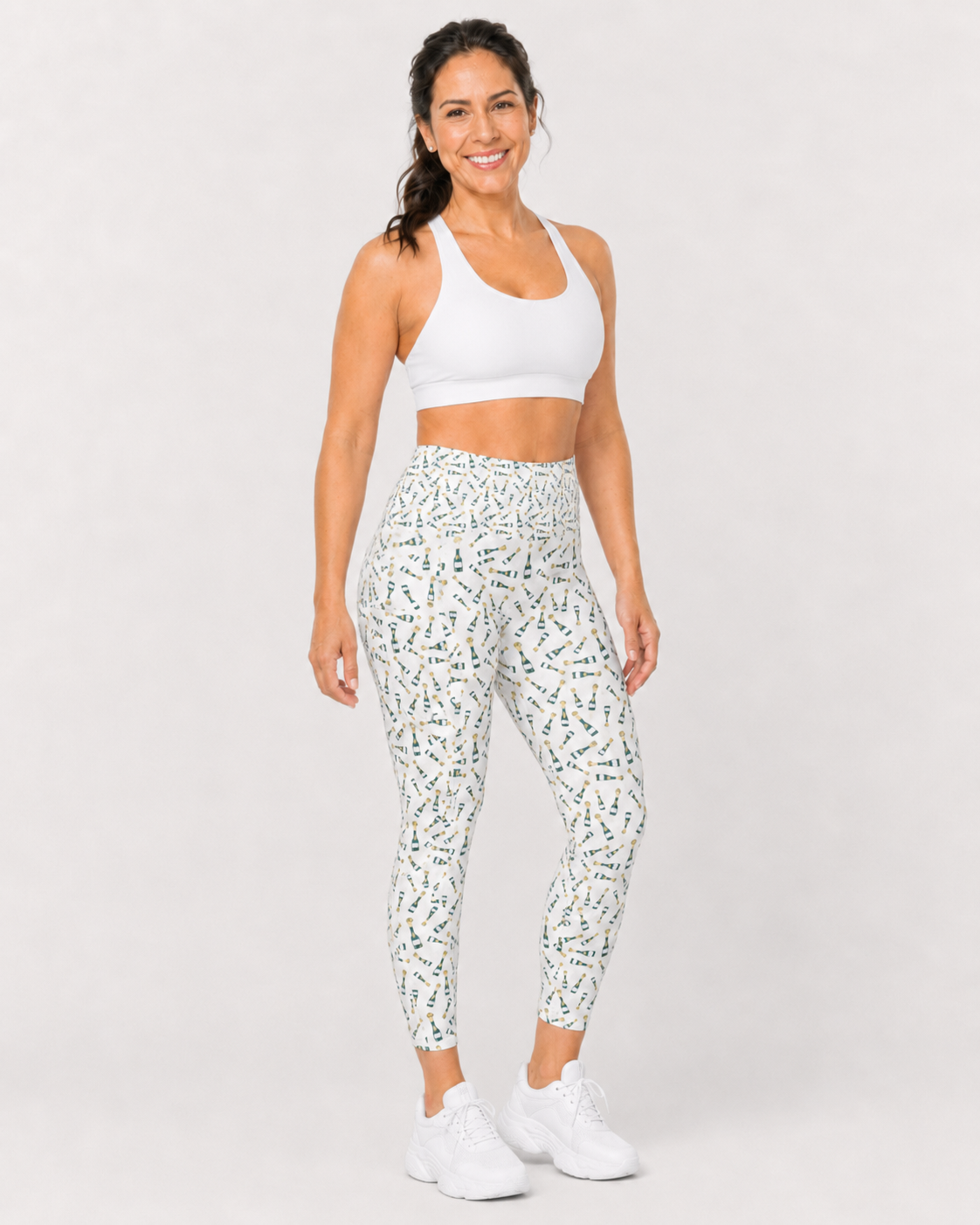 Champers women's Champagne Dreams pickleball leggings in white, high-waisted with pockets, front view