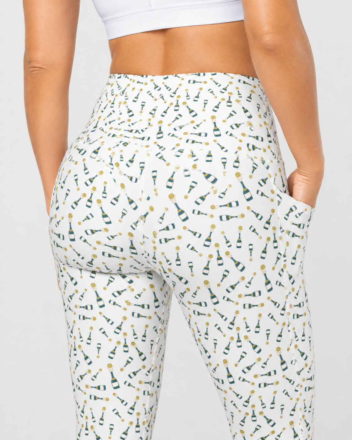 Champers women's Champagne Dreams pickleball leggings in white, high-waisted with pockets, front view