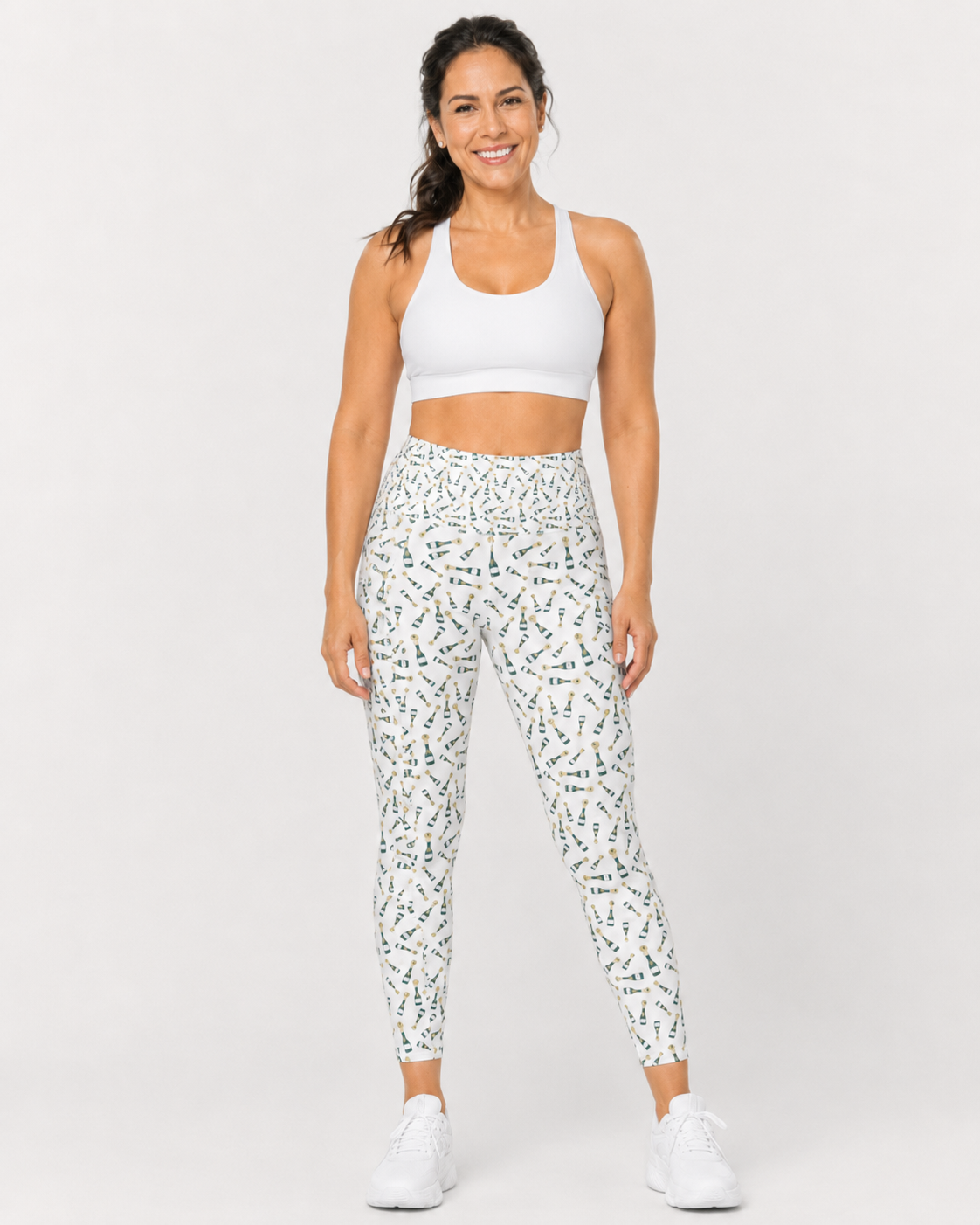 Champers women's Champagne Dreams pickleball leggings in white, high-waisted with pockets, front view